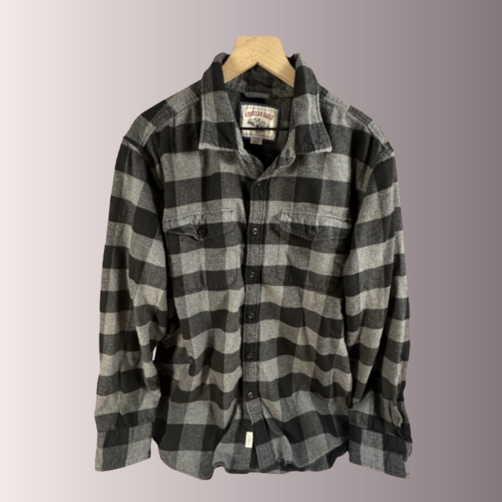 American Eagle Men Flannel Shirt 2XL Black Gray Button Down Long Sleeve XXL